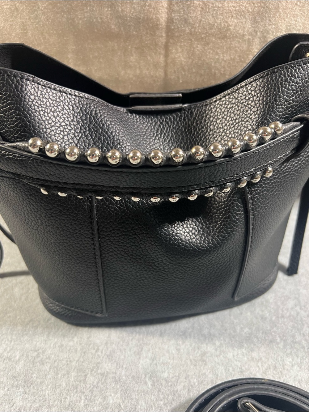 Steve Madden Black Pebbled Faux Leather Stud-Trim Bucket Bag - Picture 10 of 16